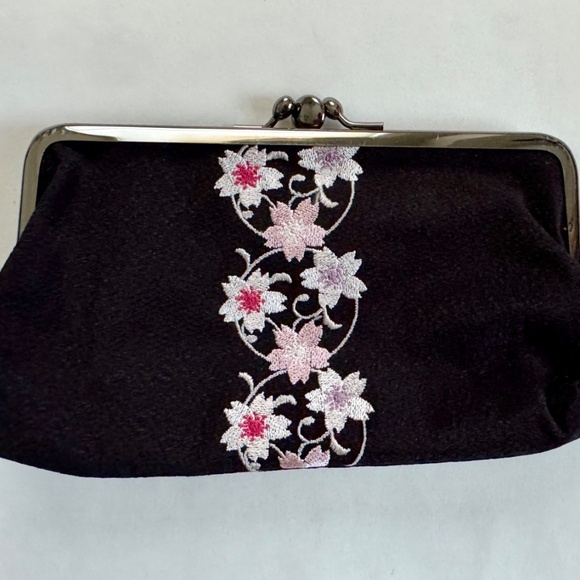 Japanese Cherry Blossom Clutch, Black with Silver Clasps, Two pockets - Picture 1 of 8